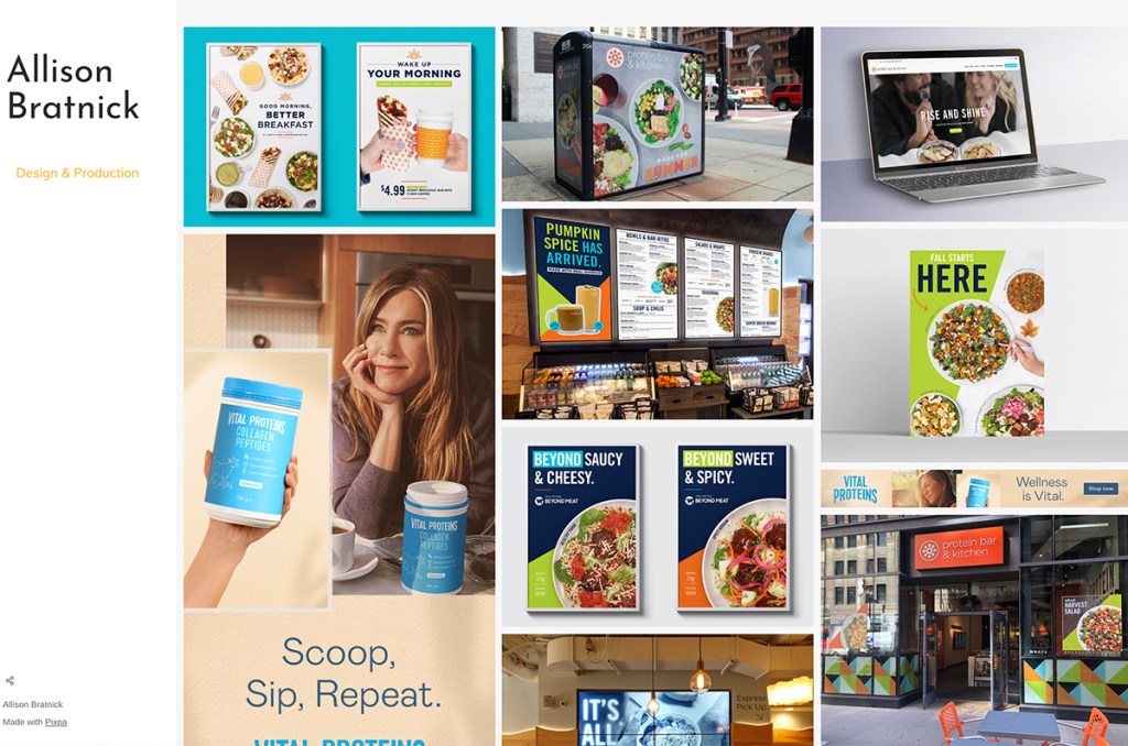 Allison Bratnick is a designer and production artist with a well-designed portfolio website with a left border logo and a right side showing her portfolio in a grid-based layout.
