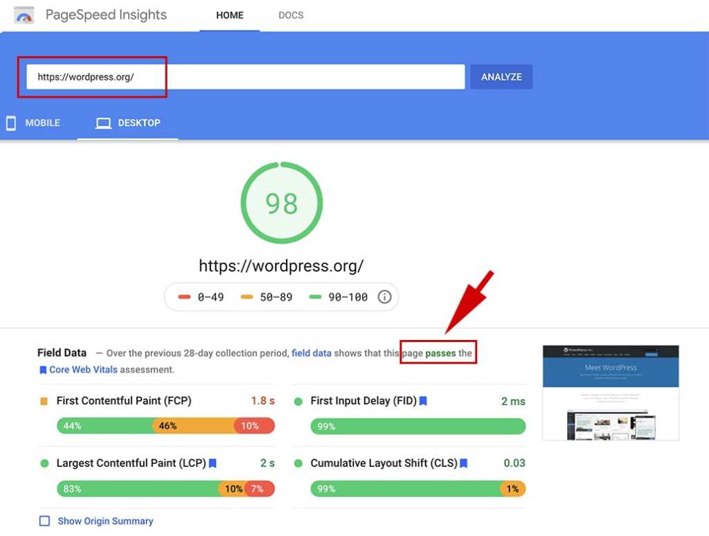 WordPress.org passes the Google CWV test