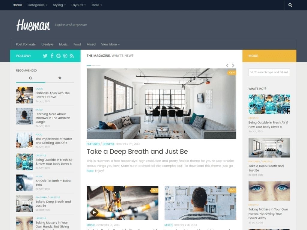 Hueman theme is a modern-looking news theme with a center and left and right widgets
