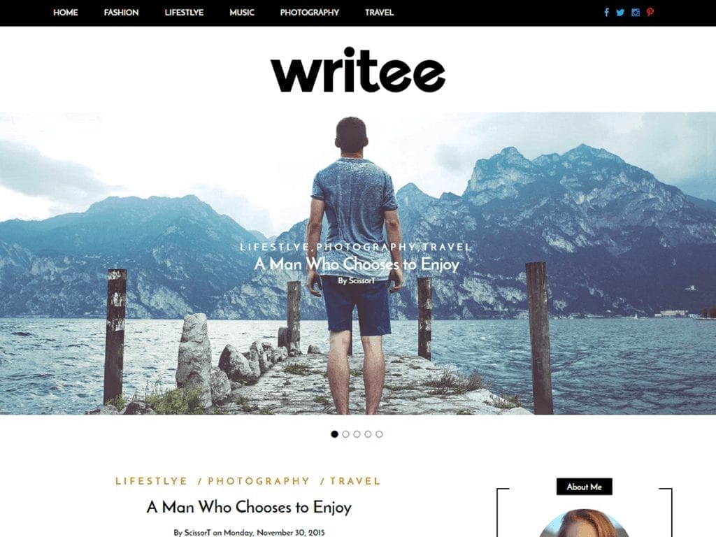 Writee is an elegant free personal WordPress blog theme and well suited for personal, food, travel, fashion, corporate, or any other amazing blog